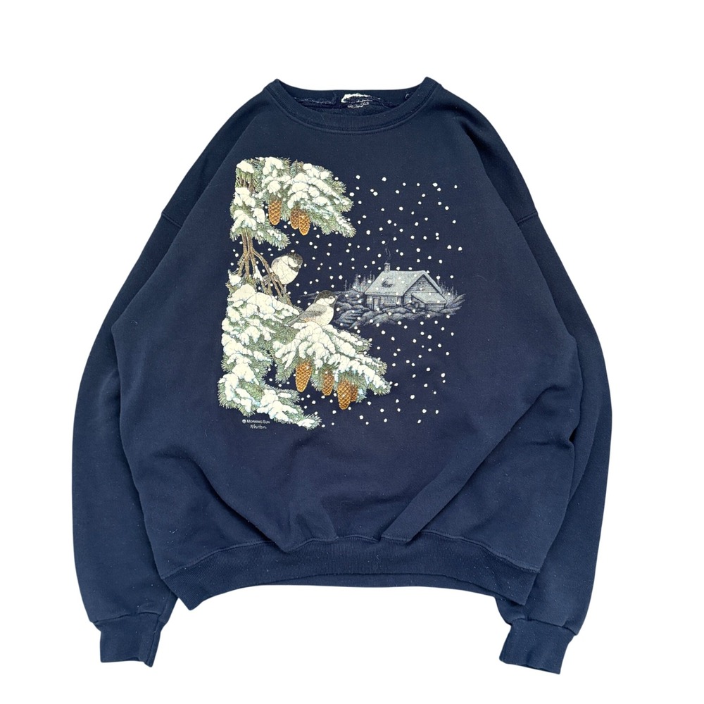 Vintage Morning Sun Navy Blue Winter Cabin Snow Scene Graphic Sweatshirt XL